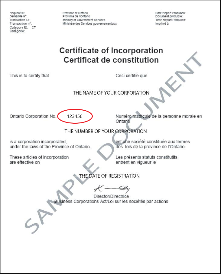 Certificat de constitution en société indiquant le numéro d'entreprise de l’Ontario